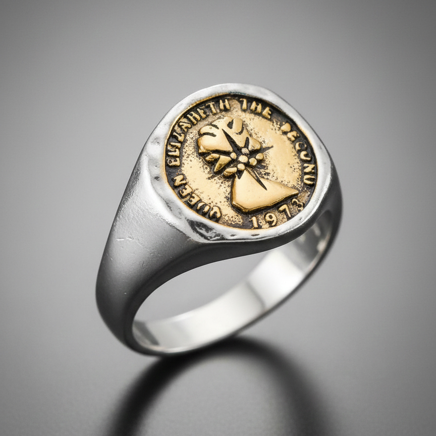 Vintage Gold and Silver Queen Coin Elizabeth II Signet Ring