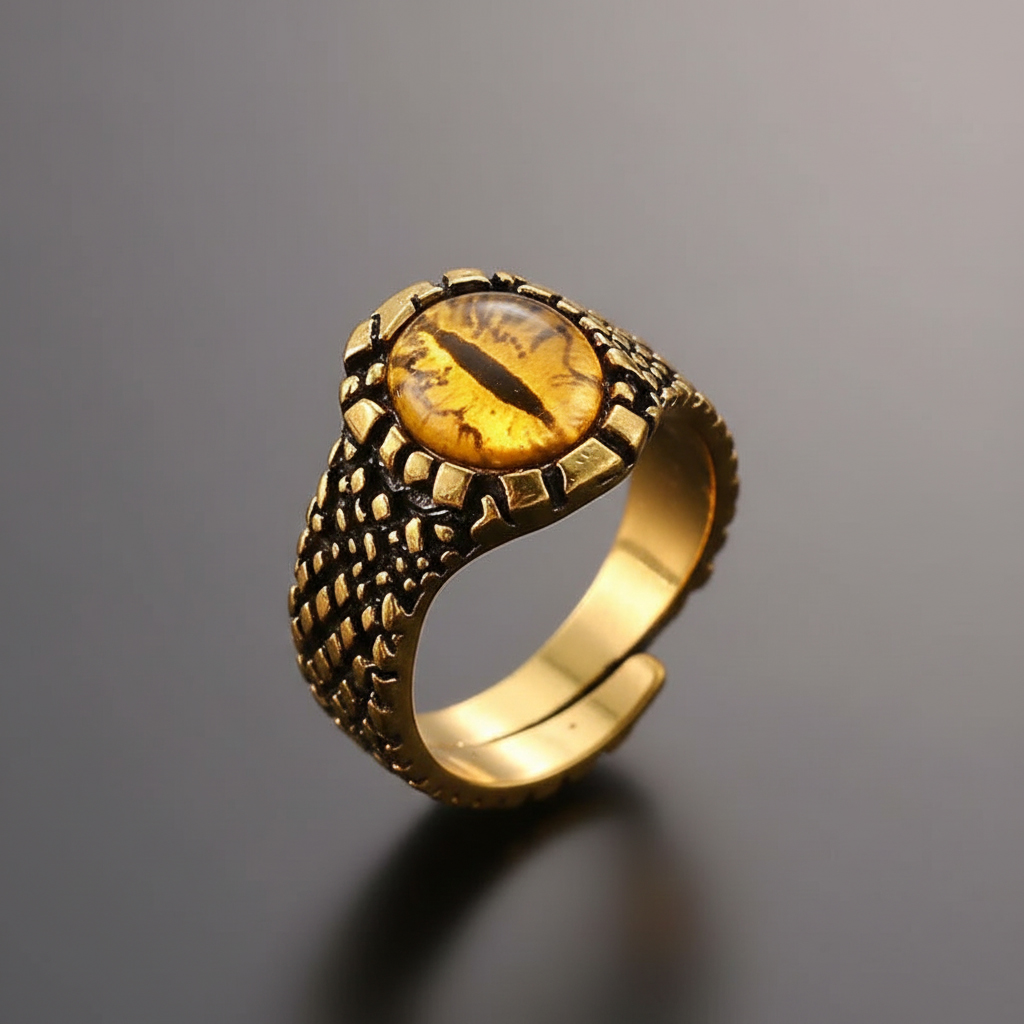 Vintage Brass Tone Dragon Scale Yellow Eye Adjustable Ring
