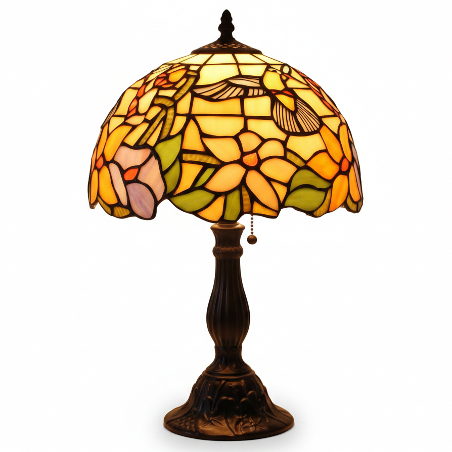 Tiffany Style Hummingbird Floral Stained Glass Victorian Table Lamp