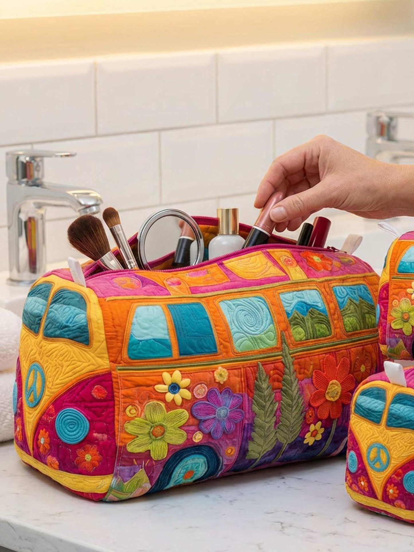Hippie Van Flower Cotton Quilted Cosmetic Bag