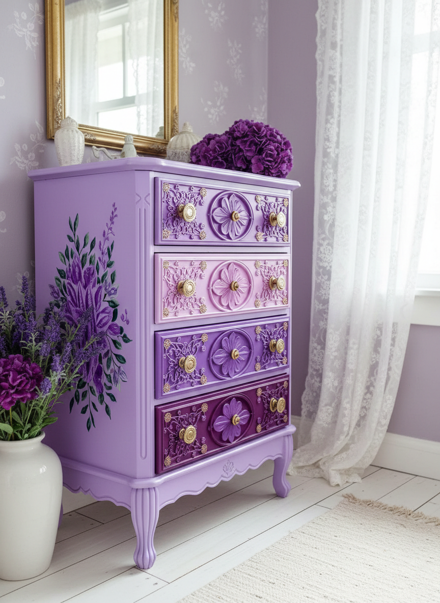 Victorian Elegant Lavender Ombre Floral Carved Wooden Storage Locker