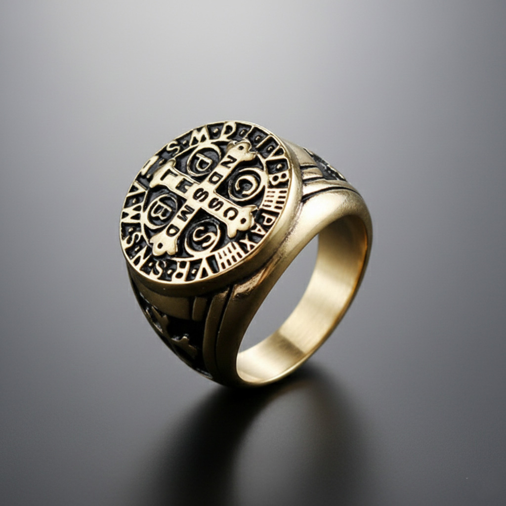 Religious Vintage St. Benedict Exorcism Cross Signet Ring