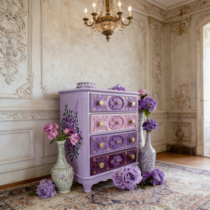 Victorian Elegant Lavender Ombre Floral Carved Wooden Storage Locker
