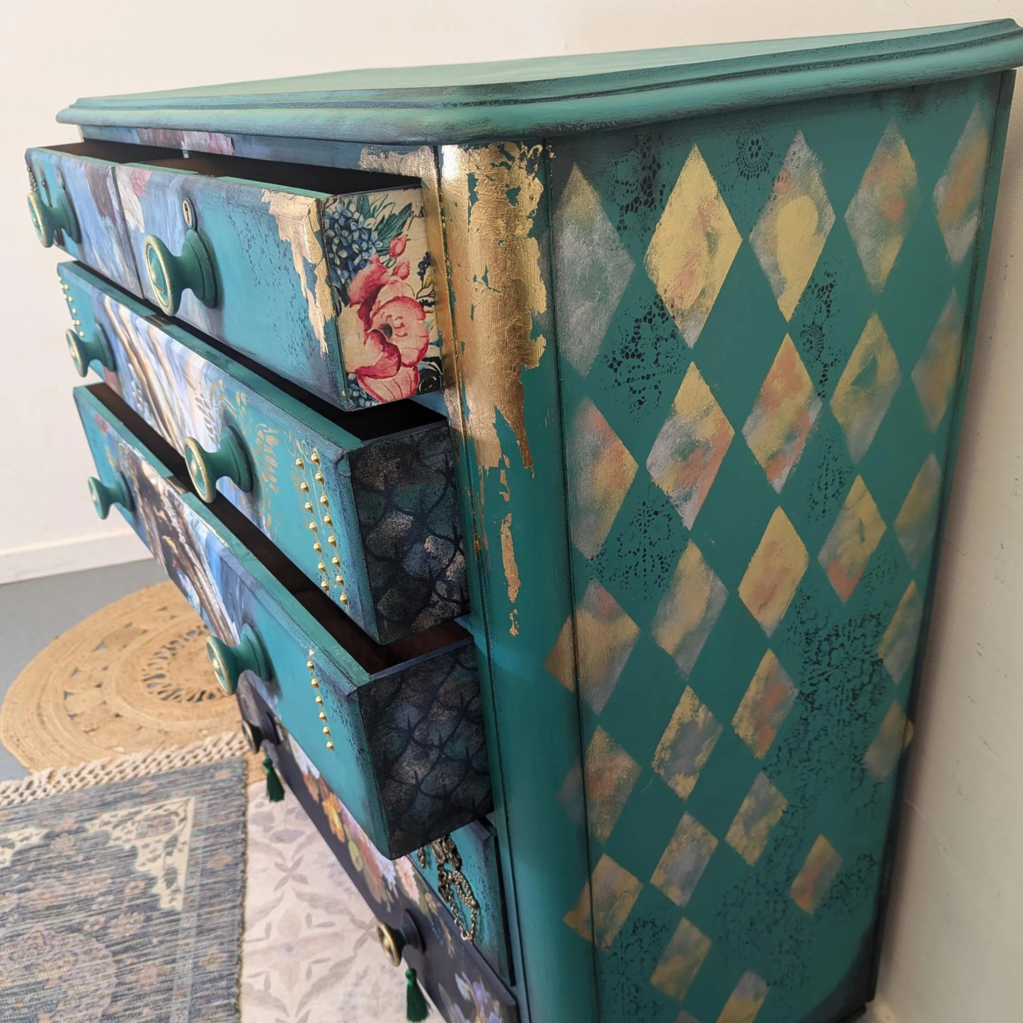 Fantasy Dragon Mythical Beast Hand-Painted Teal Floral Art Locker