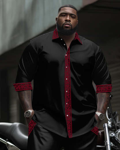 Men's Plus Size Simple Contrast Long Sleeve Lapel Shirt 2-Piece Set