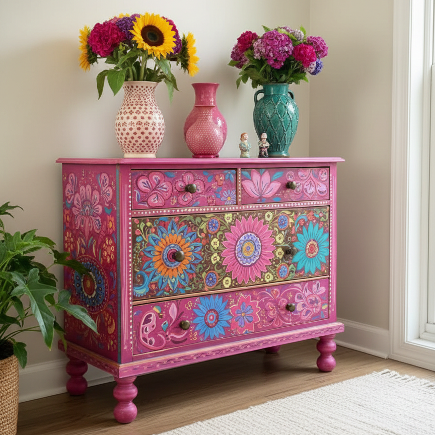 Bohemian Hand-Painted Floral Pink Wood Three Drawer Storage Accent Locker