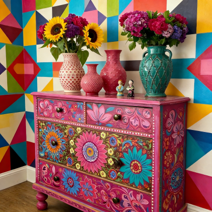 Bohemian Hand-Painted Floral Pink Wood Three Drawer Storage Accent Locker