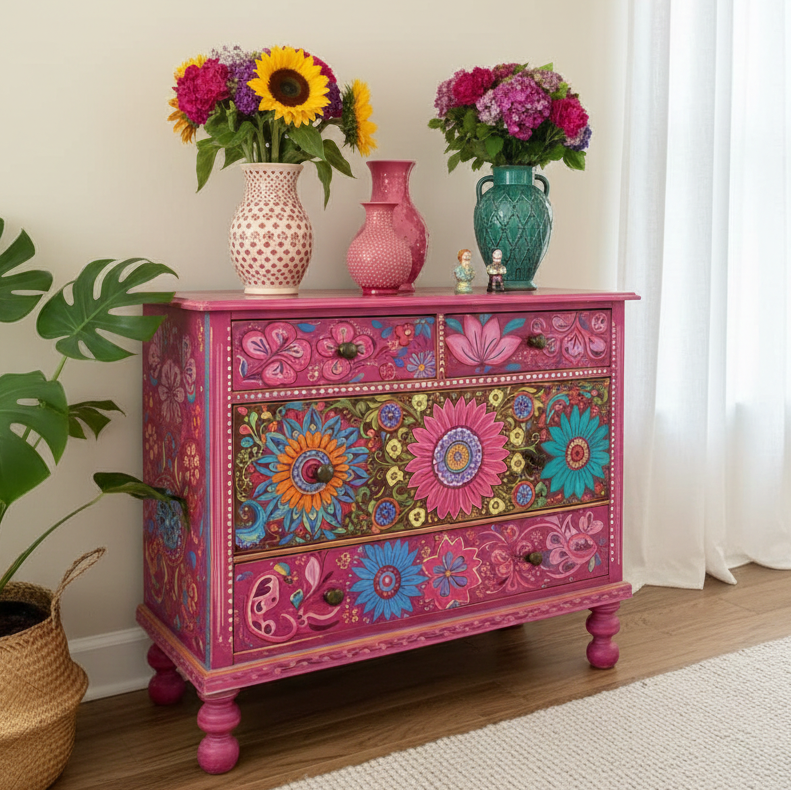 Bohemian Hand-Painted Floral Pink Wood Three Drawer Storage Accent Locker