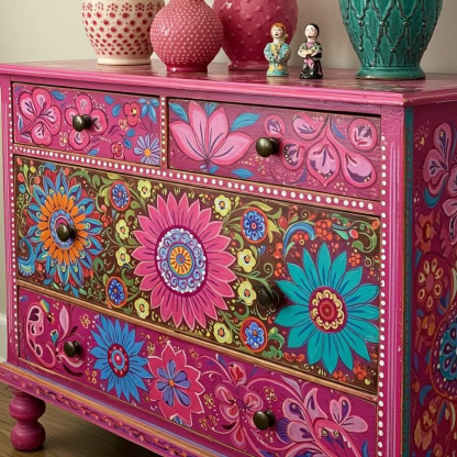 Bohemian Hand-Painted Floral Pink Wood Three Drawer Storage Accent Locker