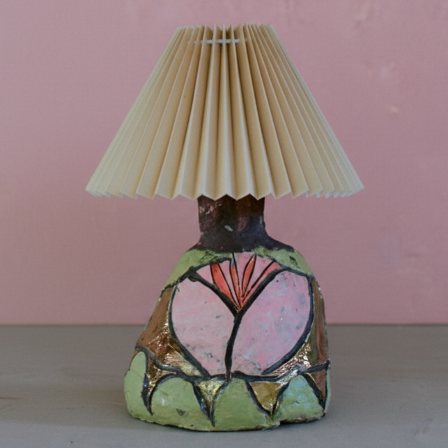 Artisanal Abstract Floral Hand-Painted Ceramic Base Pleated Table Lamp