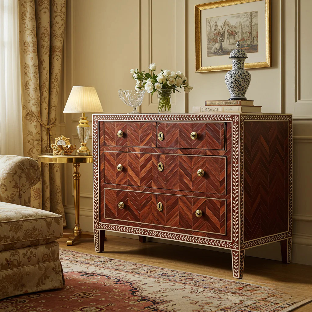 Vintage Wooden Chest of Drawers with Inlaid Design | Luxury Handmade Dresser