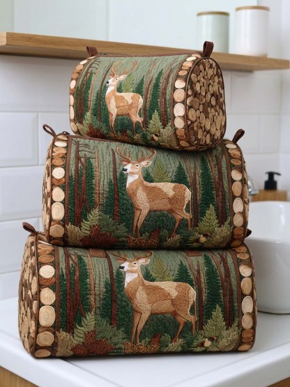 Deer In The Forest Cotton Quilted Cosmetic Bag