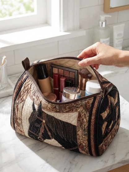 Retro Horse Cotton Quilted Cosmetic Bag