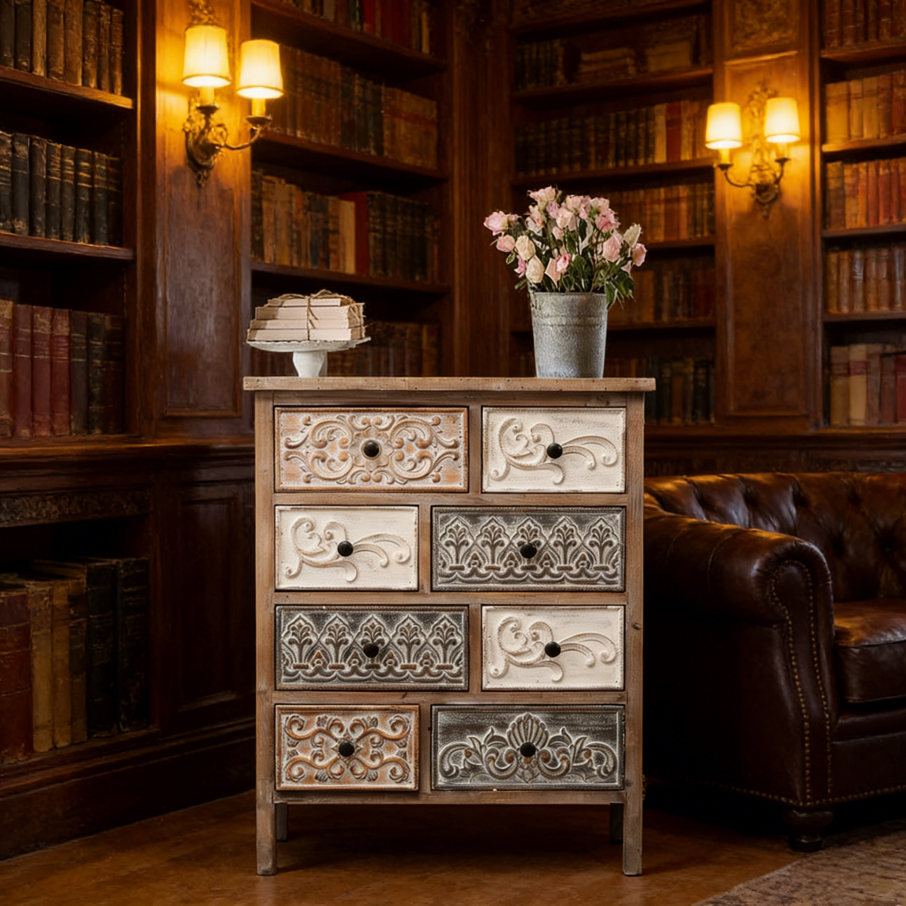 Vintage Carved Wood Eight Drawer Antique Style Embossed Storage Locker