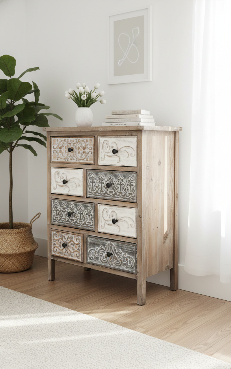 Vintage Carved Wood Eight Drawer Antique Style Embossed Storage Locker