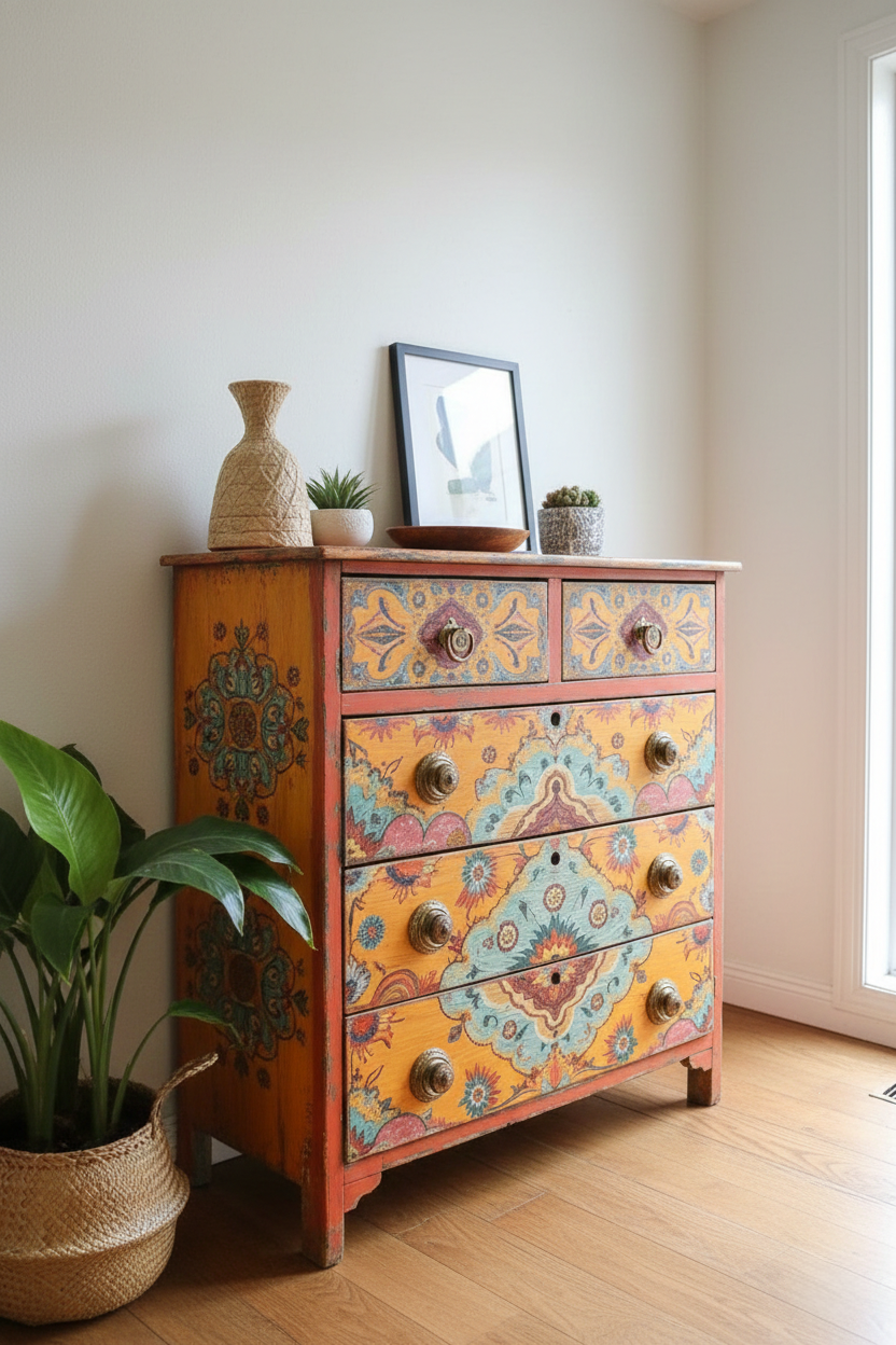 Bohemian Hand-Painted Floral Pattern Wood Storage Accent Locker