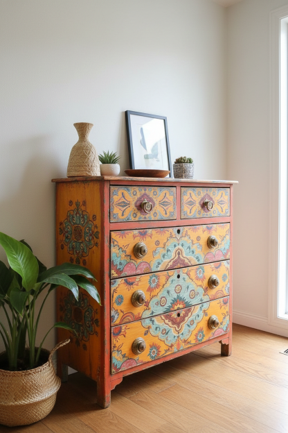 Bohemian Hand-Painted Floral Pattern Wood Storage Accent Locker