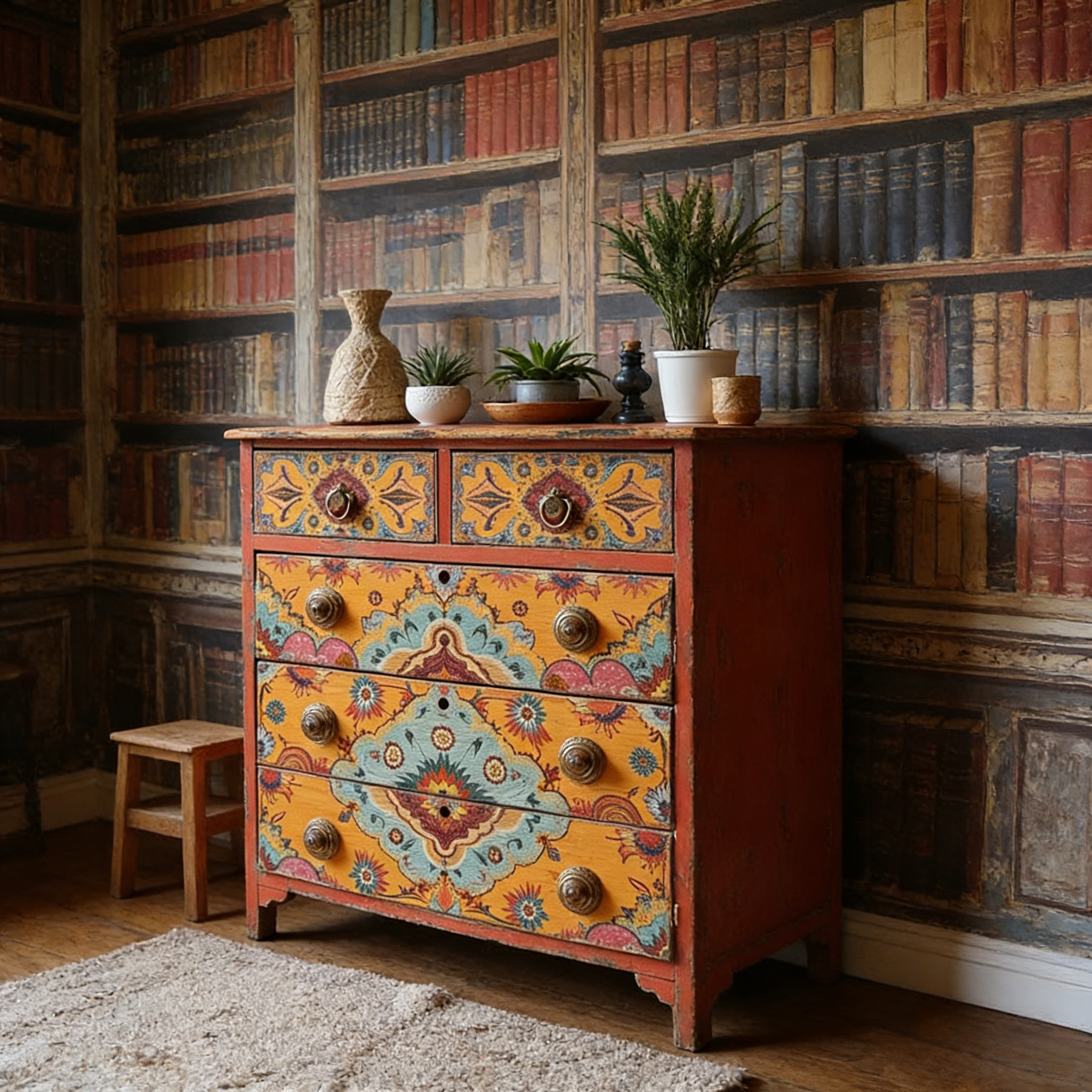 Bohemian Hand-Painted Floral Pattern Wood Storage Accent Locker