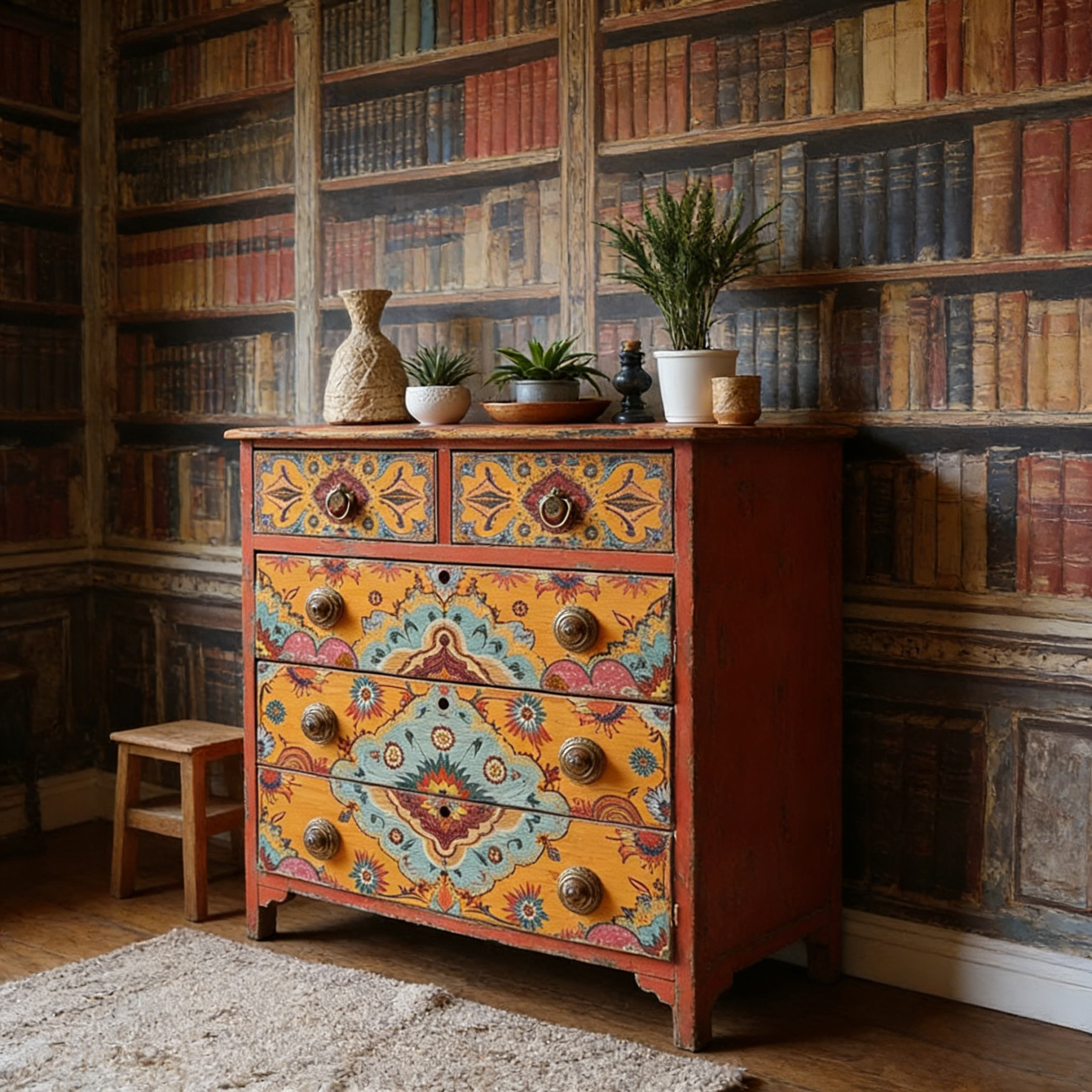 Bohemian Hand-Painted Floral Pattern Wood Storage Accent Locker