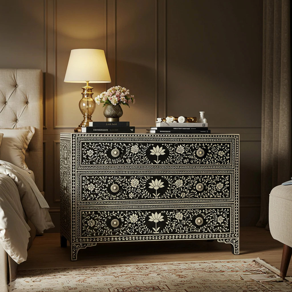 Hand-Painted Floral Bone Inlay Dresser Chest | Luxury Handmade Dresser