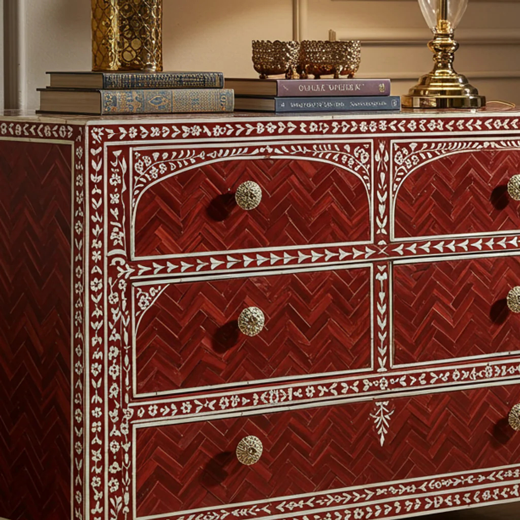 Red Inlaid Wooden Chest of Drawers with Floral Motifs | Luxury Handmade Dresser