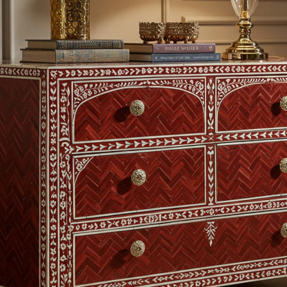 Red Inlaid Wooden Chest of Drawers with Floral Motifs | Luxury Handmade Dresser