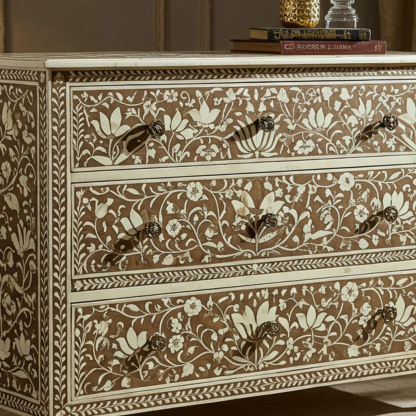 Handcrafted Floral Inlay Wooden Dresser | Luxury Handmade Chest of Drawer