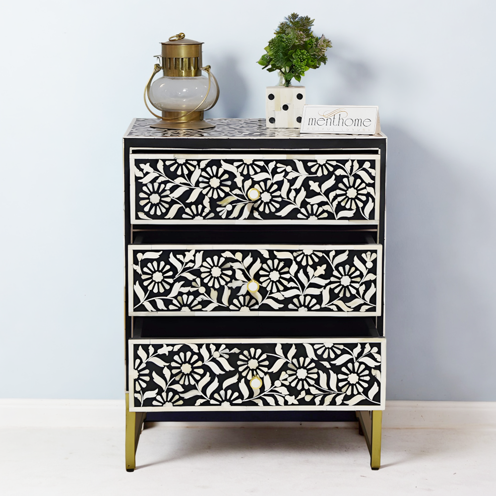 3-Drawer Handmade Sunflower Inlaid Bedside Table