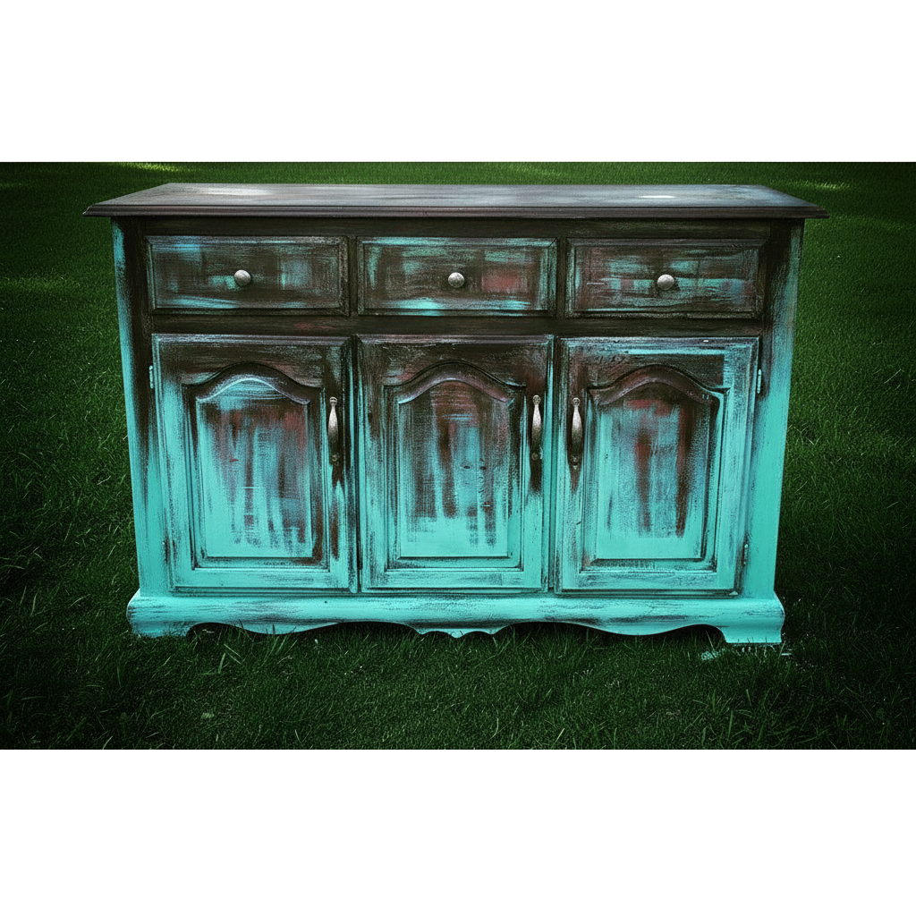 Rustic Vintage Distressed Turquoise Wooden Three Drawer Storage Locker