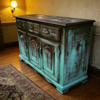 Rustic Vintage Distressed Turquoise Wooden Three Drawer Storage Locker