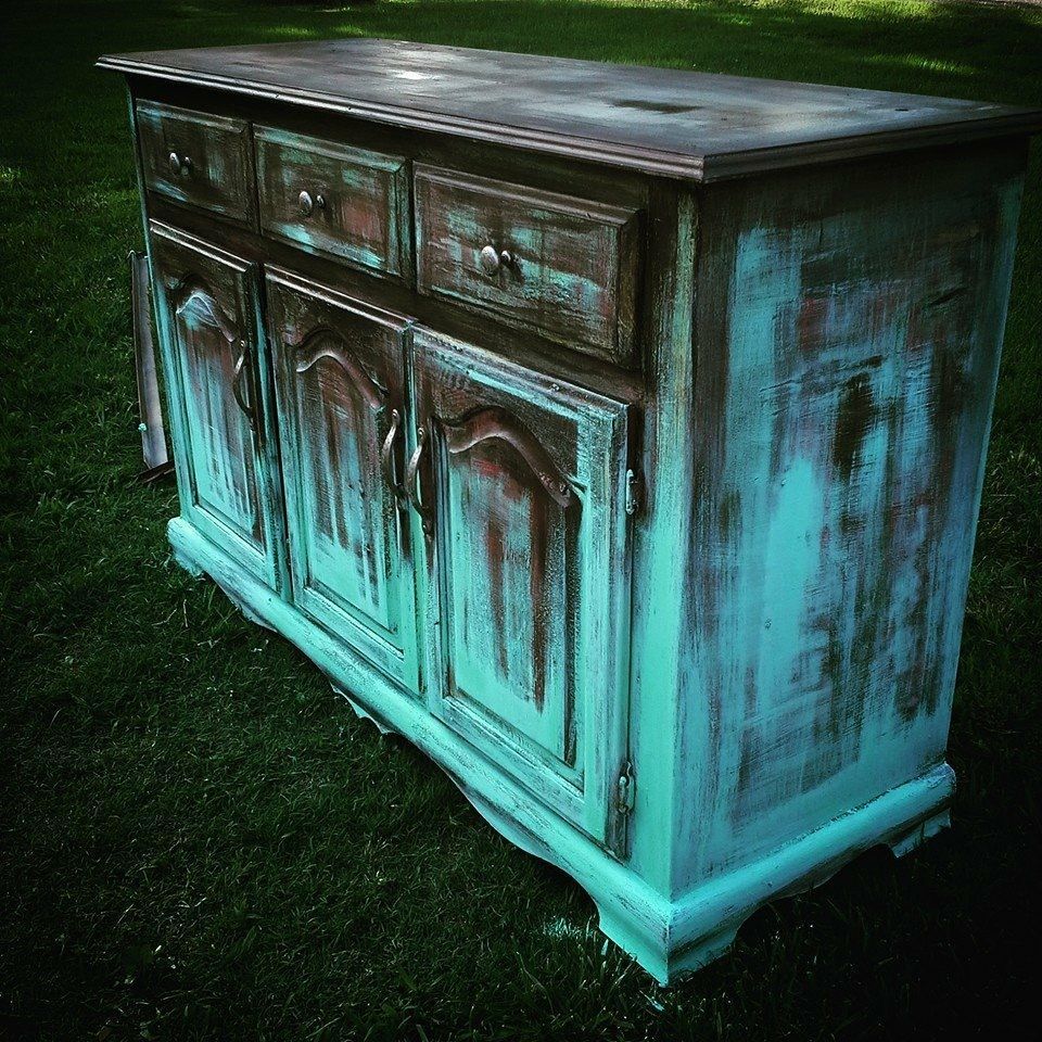 Rustic Vintage Distressed Turquoise Wooden Three Drawer Storage Locker