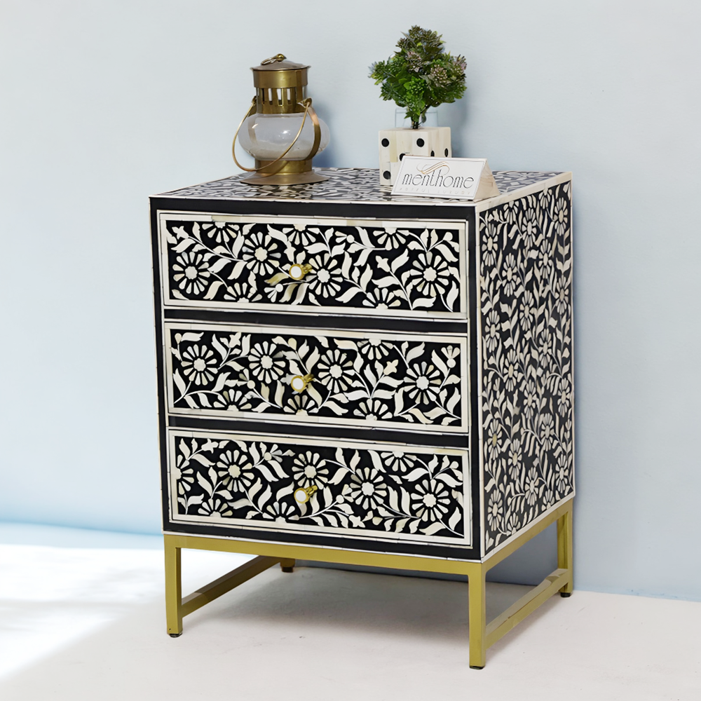 3-Drawer Handmade Sunflower Inlaid Bedside Table