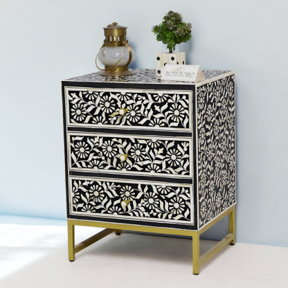 3-Drawer Handmade Sunflower Inlaid Bedside Table