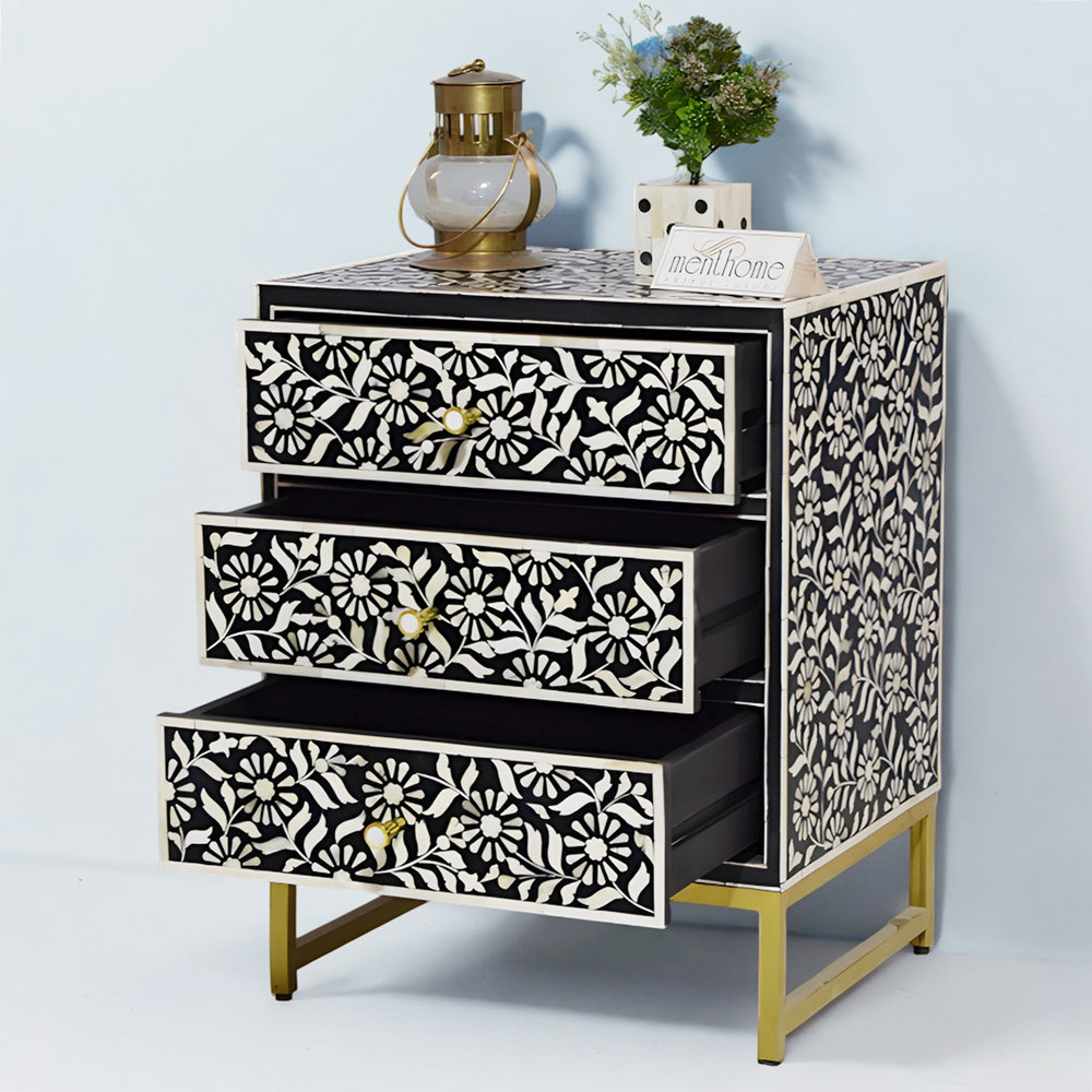 3-Drawer Handmade Sunflower Inlaid Bedside Table