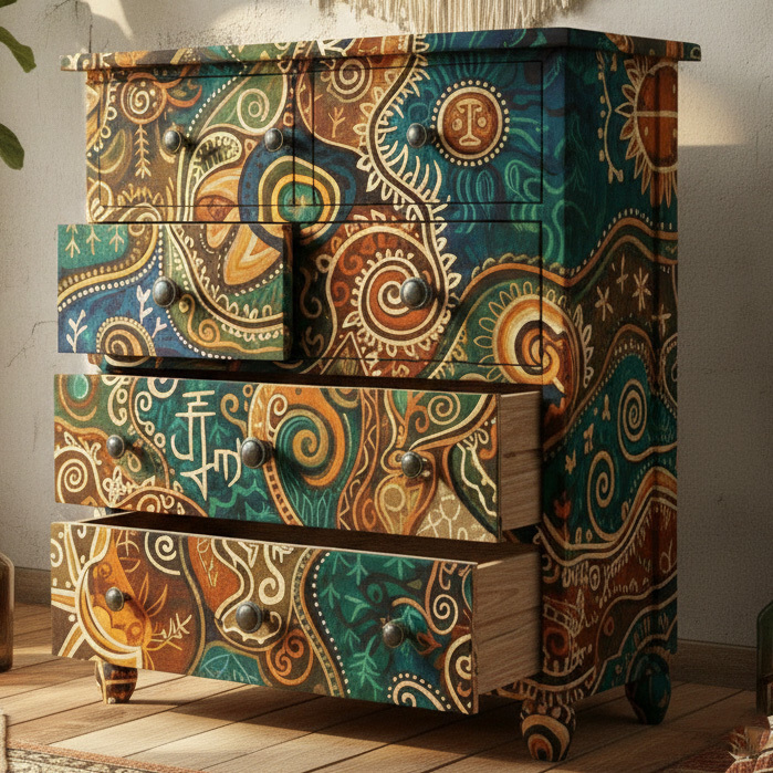 Tribal Abstract Patterned Dark Teal Artistic Wooden Storage Locker