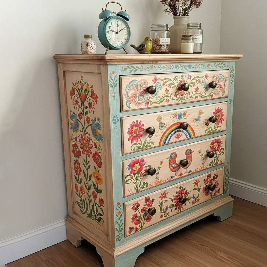Pastel Folk Art Hand-Painted Floral Wood 4-Drawer Bedroom Storage Locker