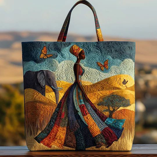 African Style Queen Elephant Scenery Quilted Pattern Artistic Canvas Tote Bag