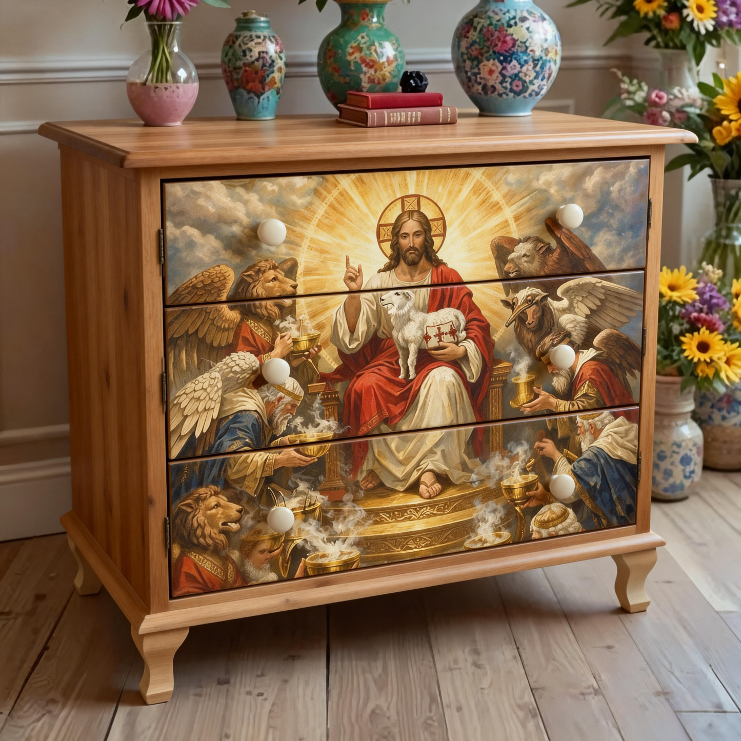 Classical Christian Divine Jesus And Lamb Pattern Wooden Art Locker