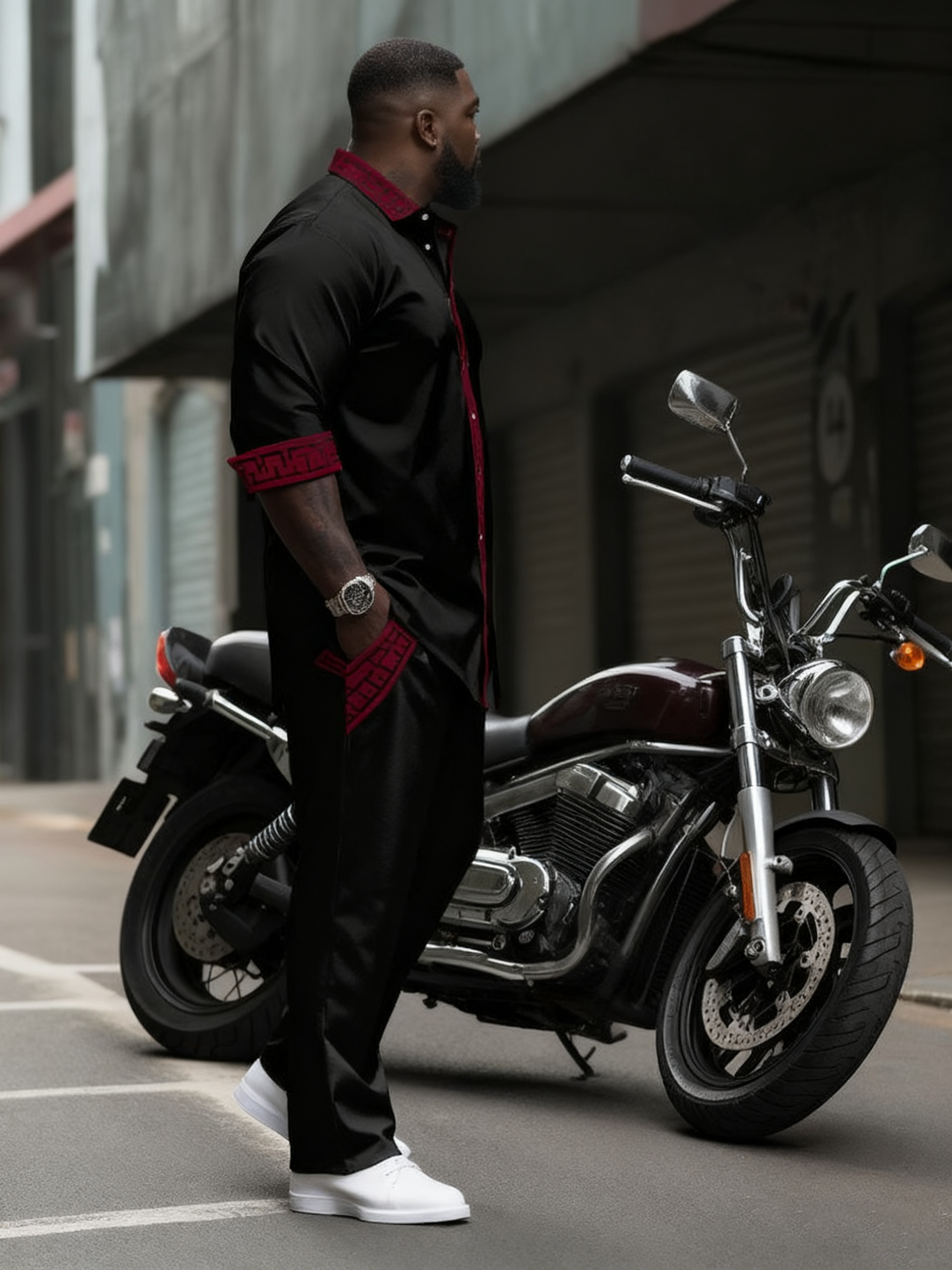 Men's Plus Size Simple Contrast Long Sleeve Lapel Shirt 2-Piece Set