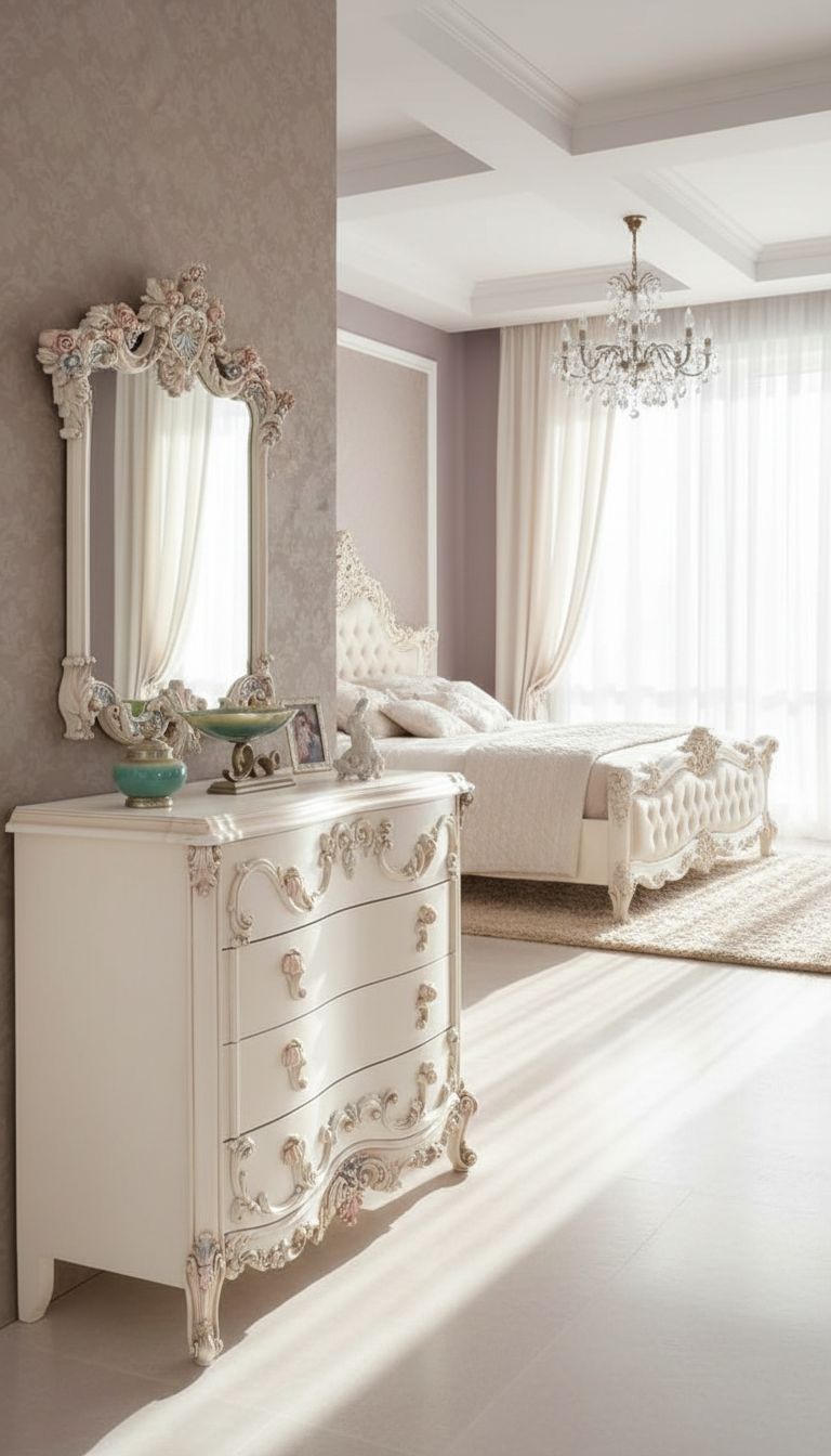 French Rococo Ornate Carved Cream White Antique Bedroom Storage Locker