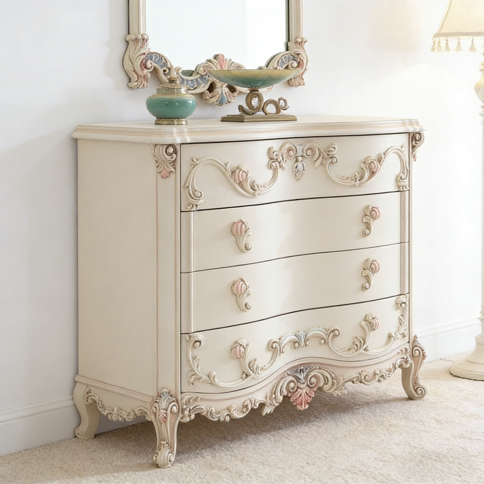 French Rococo Ornate Carved Cream White Antique Bedroom Storage Locker