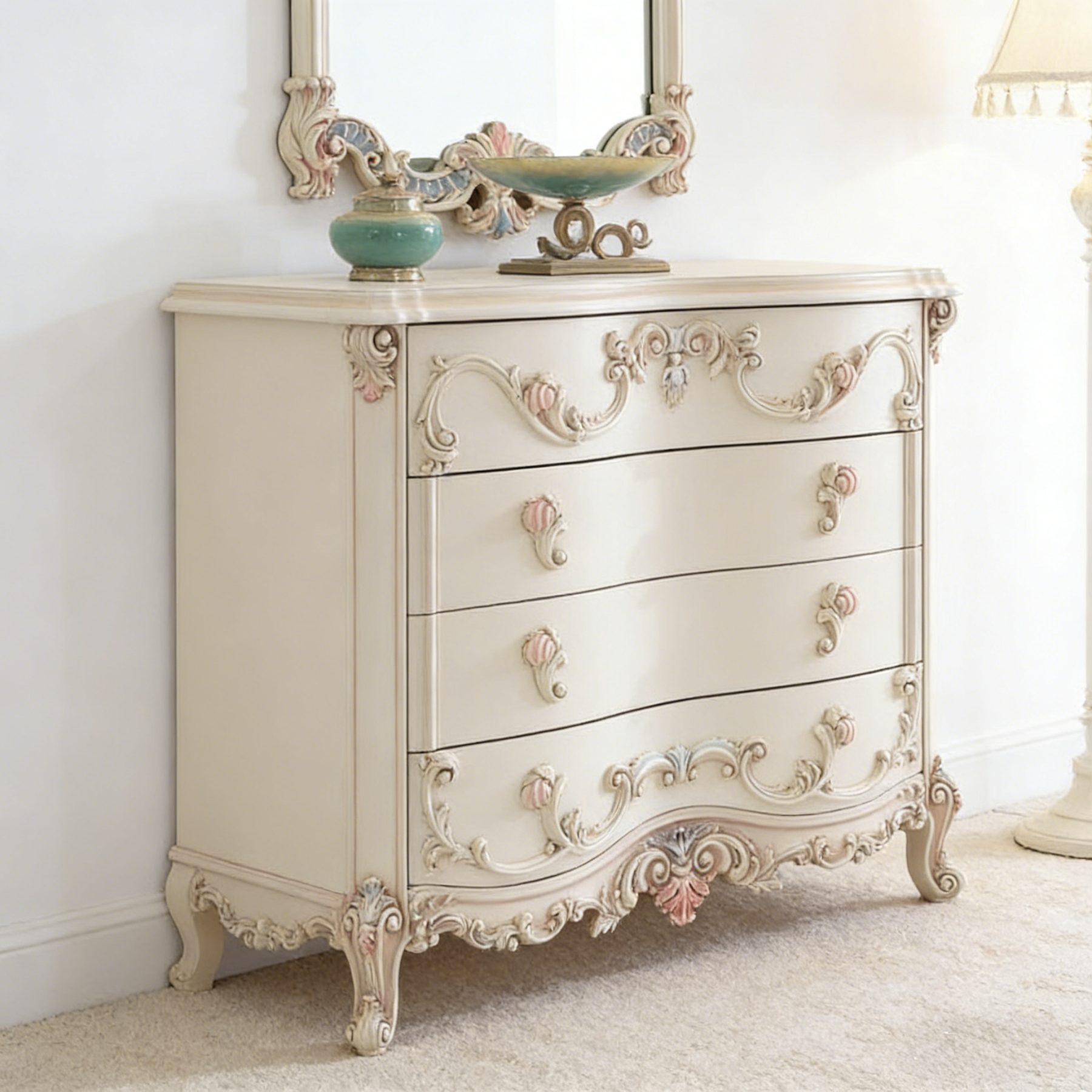 French Rococo Ornate Carved Cream White Antique Bedroom Storage Locker