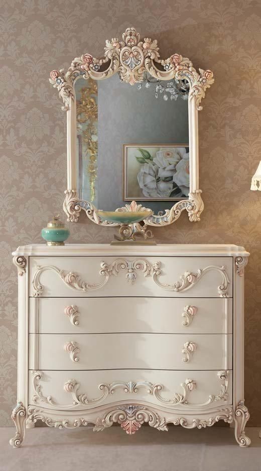 French Rococo Ornate Carved Cream White Antique Bedroom Storage Locker
