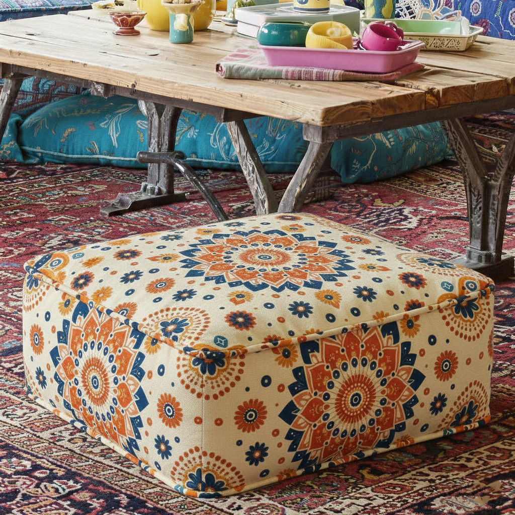 Bohemian Mandala Pattern Square Upholstered Floor Pouf Ottoman