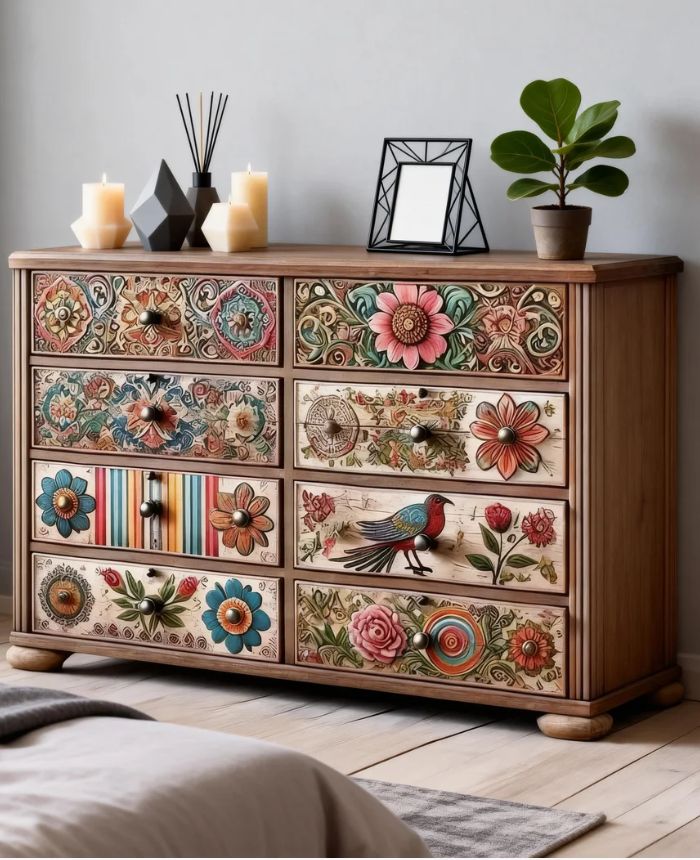 Vintage-Inspired Cottagecore Accent Cabinet - Rustic Hand-Painted Floral Storage Dresser - Shabby Chic Statement Piece for Bedroom or Living Room