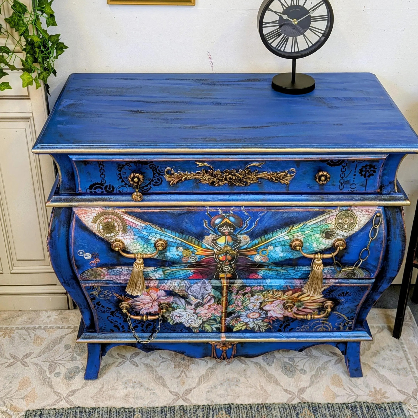 Bohemian Vintage Electric Blue Winged Insect Botanical Motif Locker