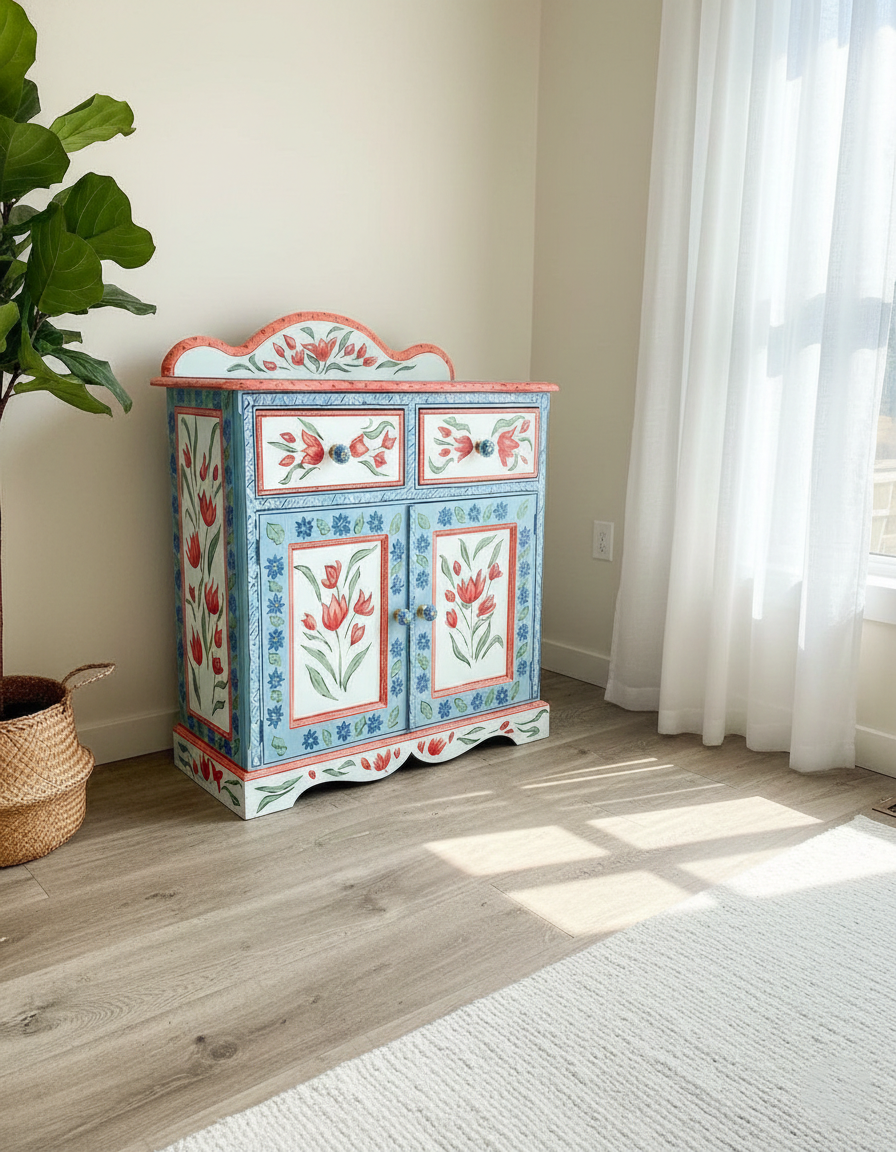 Pastel Country Style Hand-Painted Floral Wood Storage Entryway Locker