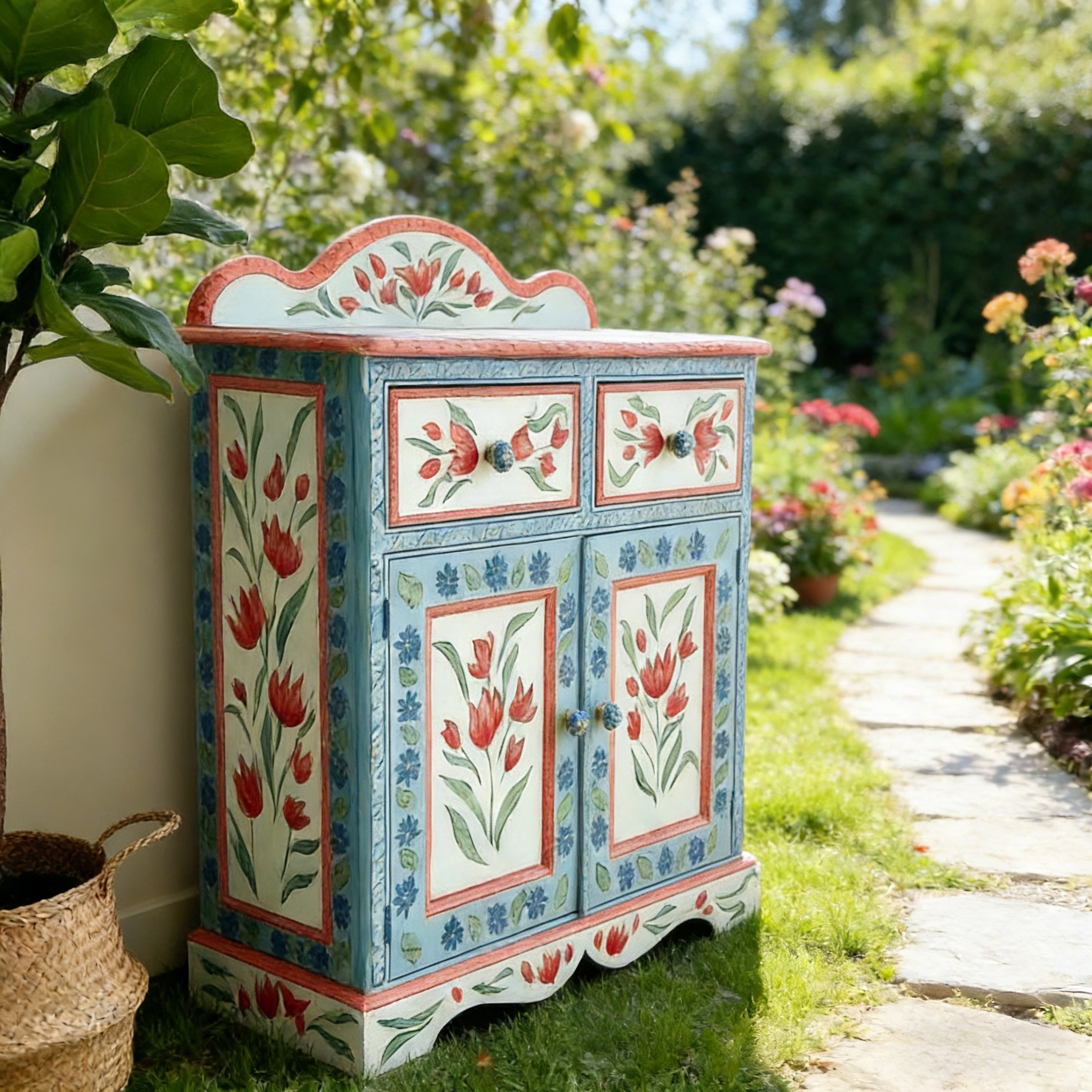 Pastel Country Style Hand-Painted Floral Wood Storage Entryway Locker