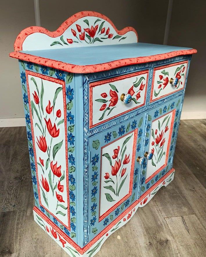 Pastel Country Style Hand-Painted Floral Wood Storage Entryway Locker