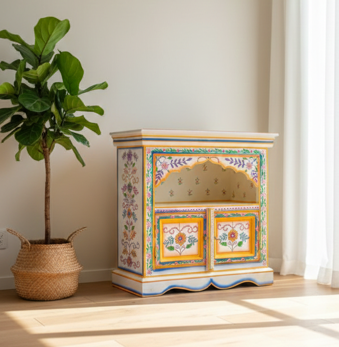 Indian Ethnic Hand-Painted Floral Wood Open Display Storage Locker